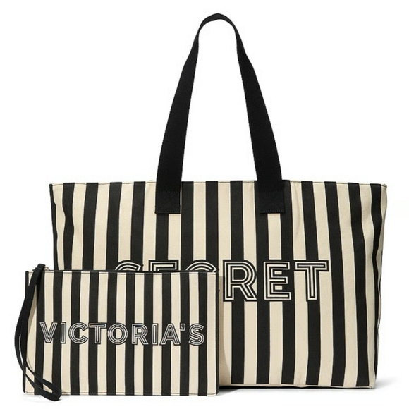Victoria's Secret Striped Tote with Pouch - Picture 1 of 4
